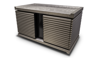 Gray wooden Isabella Nightstand with horizontal slat doors and textured top design