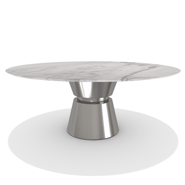 Chrome Lunara Metal Resin Round Dining Table with marble top and polished metal pedestal