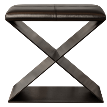 Dark brown leather Santorini Stool with X-shaped metal base for modern seating