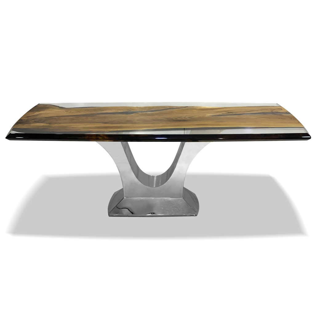 signature walnut dining table, walnut dining table, resin dining table, ghost white resin, chrome base, contemporary dining table, luxury dining table, home decor