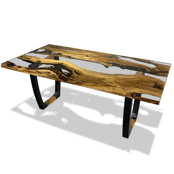 staphyle olive wood dining table, olive wood dining table, resin dining table, ghost white resin, black steel base, contemporary dining table, luxury dining table, home decor