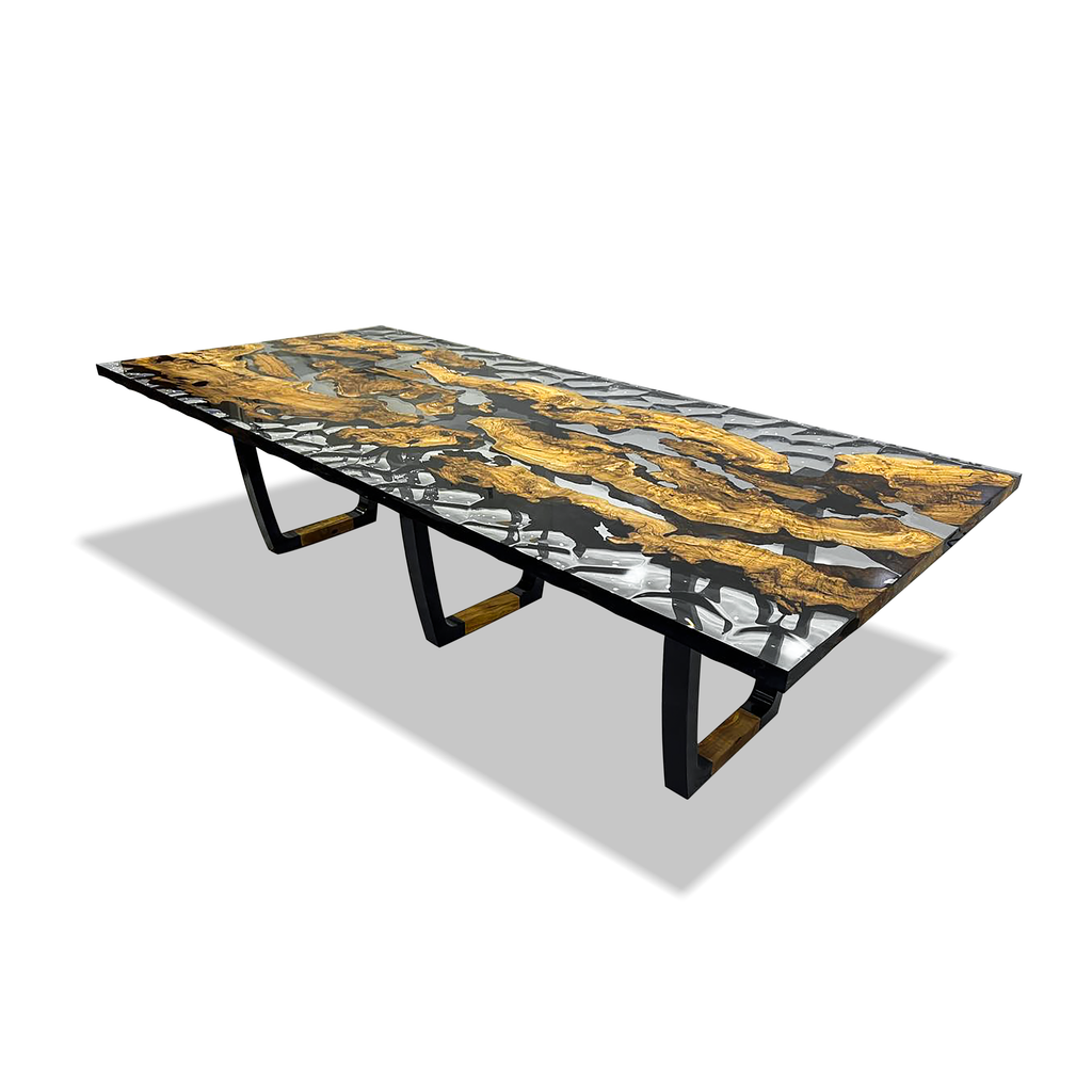 staphyle olive wood wavy dining table, olive wood dining table, resin dining table, timberwolf resin, black powder coated steel base, contemporary dining table, luxury dining table