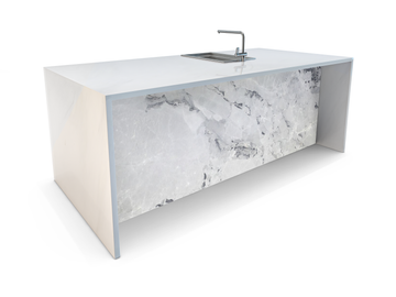 stone waterfall kitchen island, alaska white marble, polished edges, marble kitchen island, onyx kitchen island, resin kitchen island, semi-precious stone kitchen island, contemporary kitchen island, luxury kitchen island